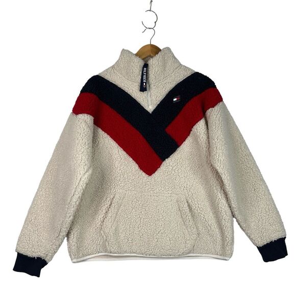Tommy Hilfiger Sport Sherpa Fleece Pullover Women’s L White Red Navy Colorblock - Picture 1 of 11